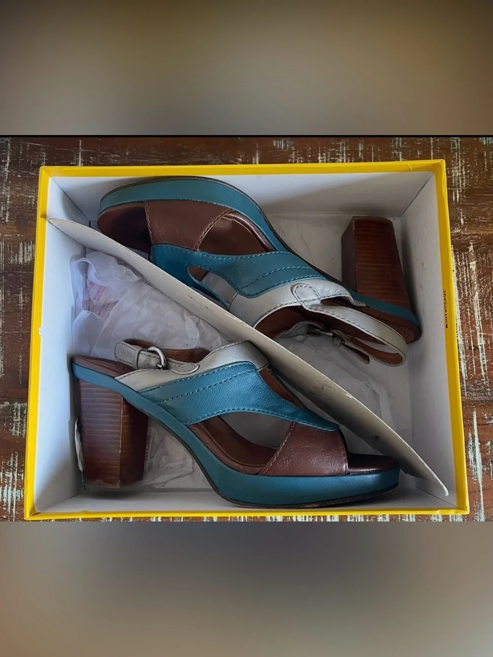 BIVIEL Leather Wedge Sandals in Blue, Brown & Gray